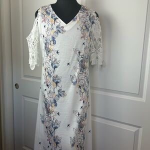 Hekka Maxi Dress White Floral Cold Shoulder Lace Sleeves SZ XL Feminine Wedding